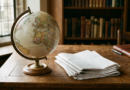 Globe and folded newspapers on a wooden desk