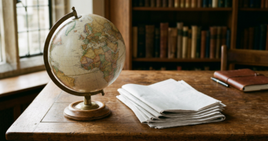 Globe and folded newspapers on a wooden desk