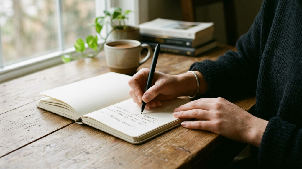 Hands writing goals in a notebook, face not shown