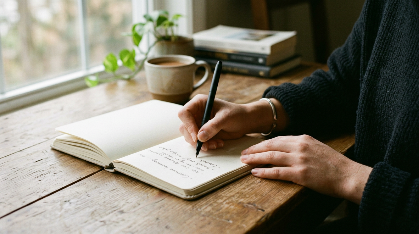 Hands writing goals in a notebook, face not shown