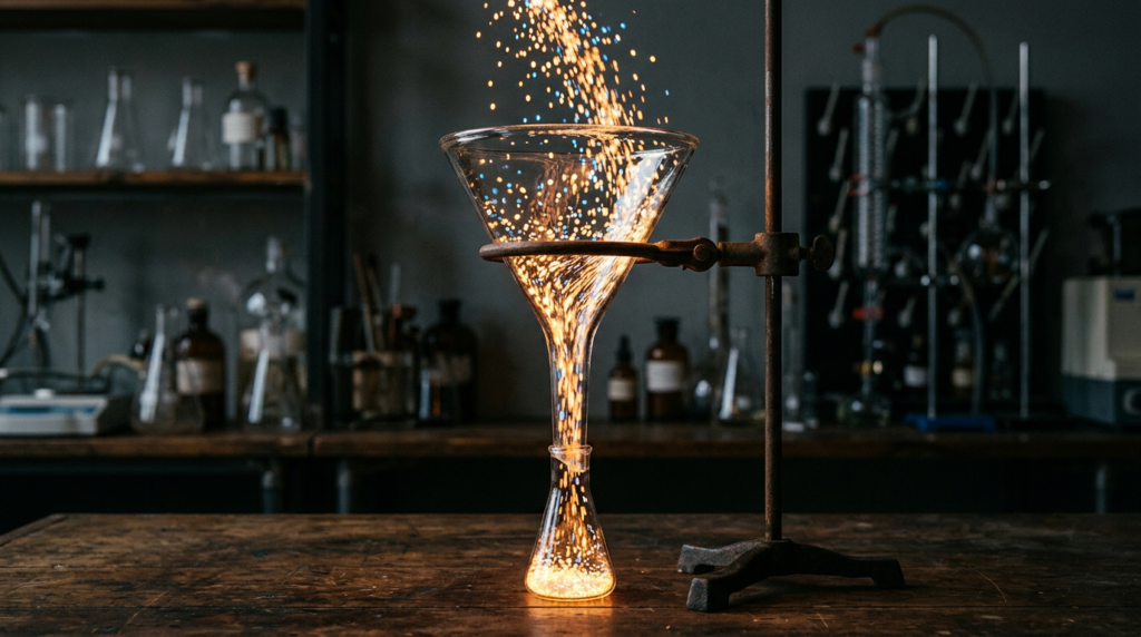 Glass funnel with glowing dots
