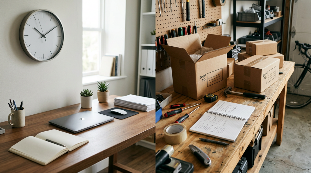 Office desk beside a home garage workbench