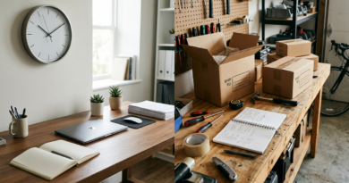 Office desk beside a home garage workbench