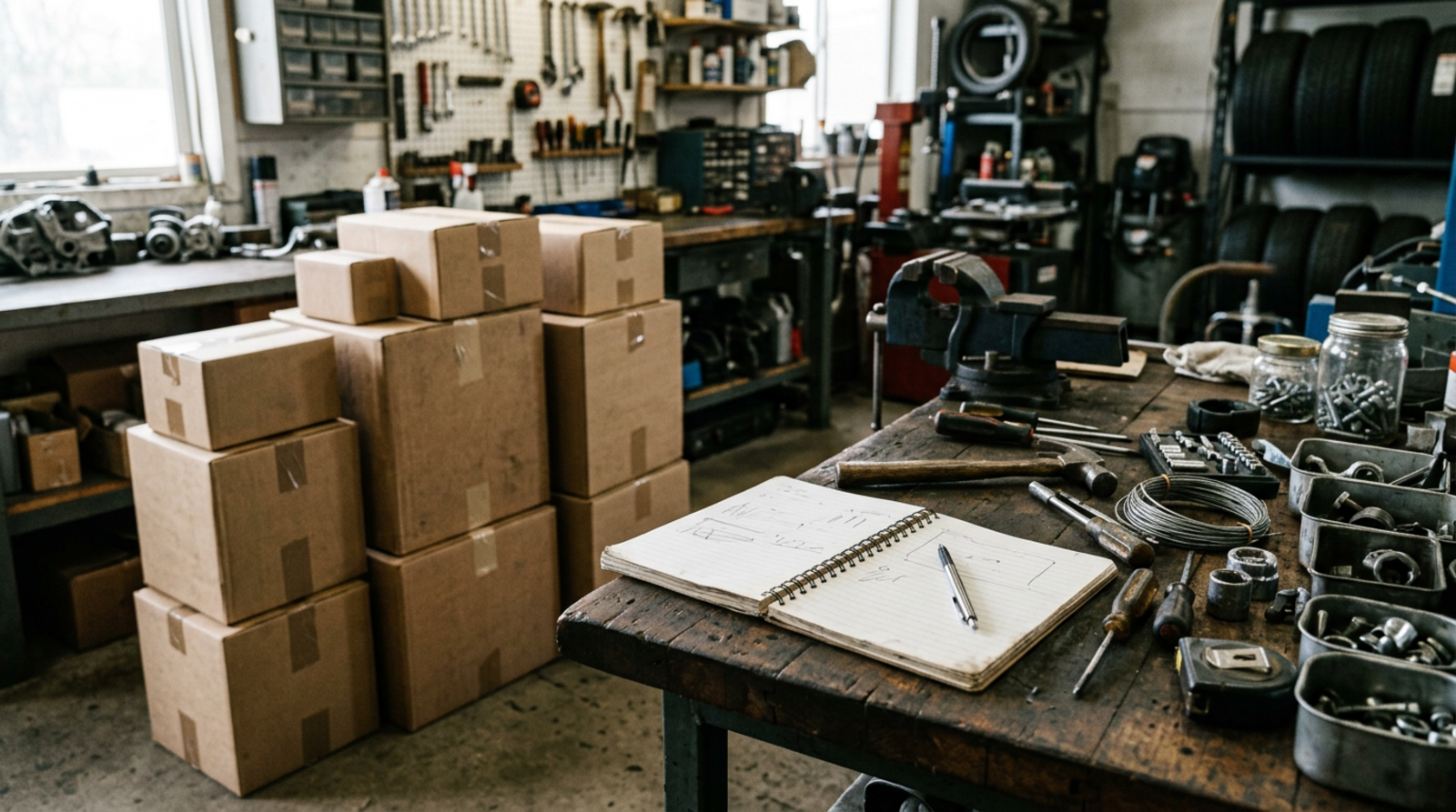 Garage workshop with shipping boxes and a notebook