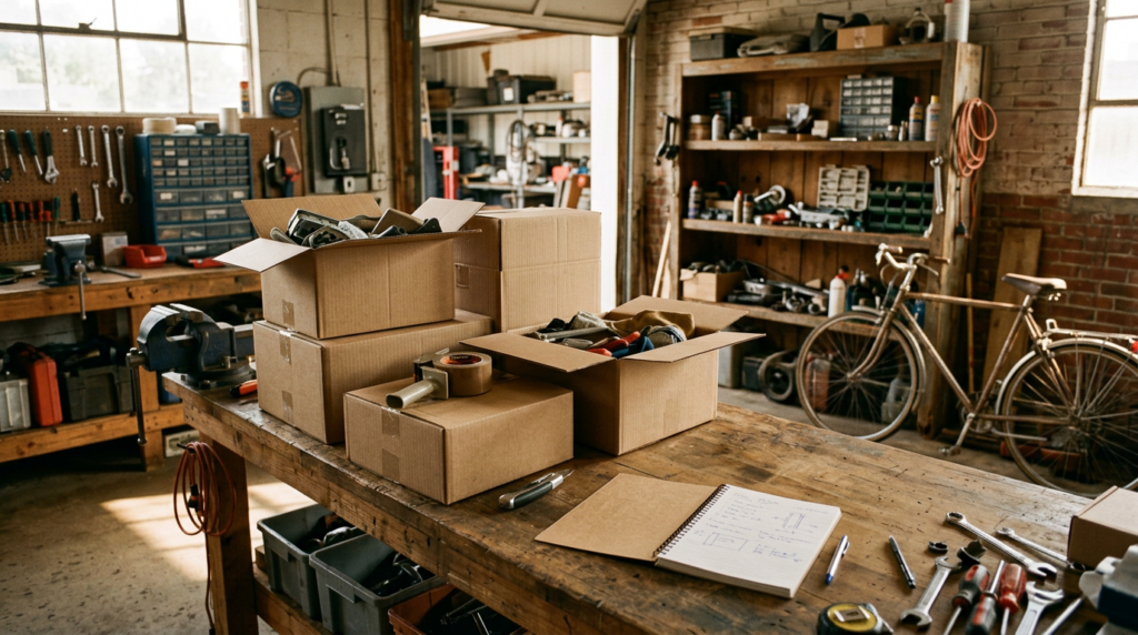 Garage workshop with shipping boxes and a notebook