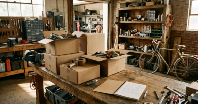 Garage workshop with shipping boxes and a notebook