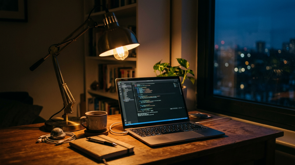 Evening desk lamp over a laptop