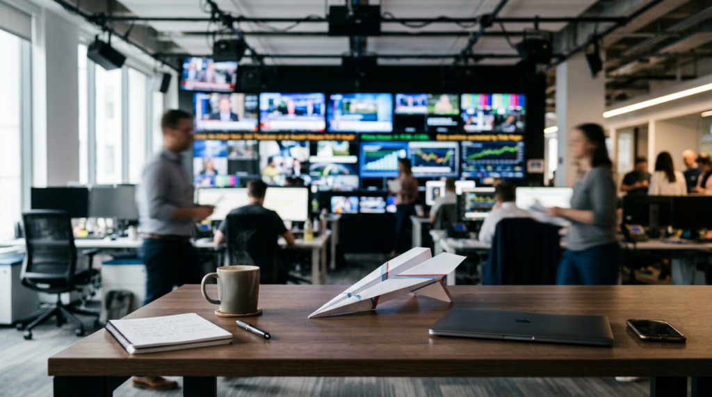 Newsroom desk with coffee and a paper plane