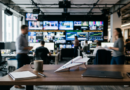 Newsroom desk with coffee and a paper plane