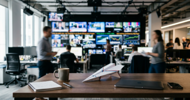 Newsroom desk with coffee and a paper plane