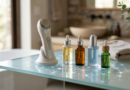 Skincare device and serums on glass shelf