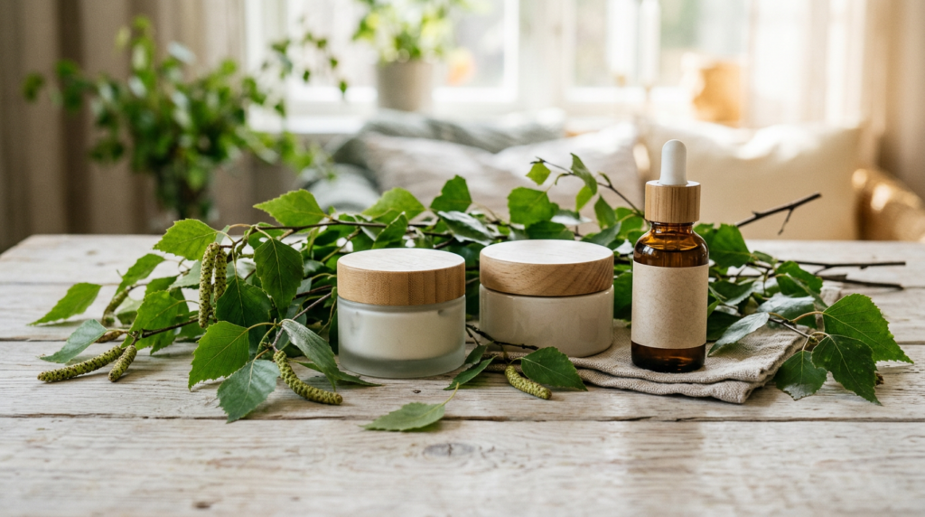 Swedish-style beauty products with birch branches