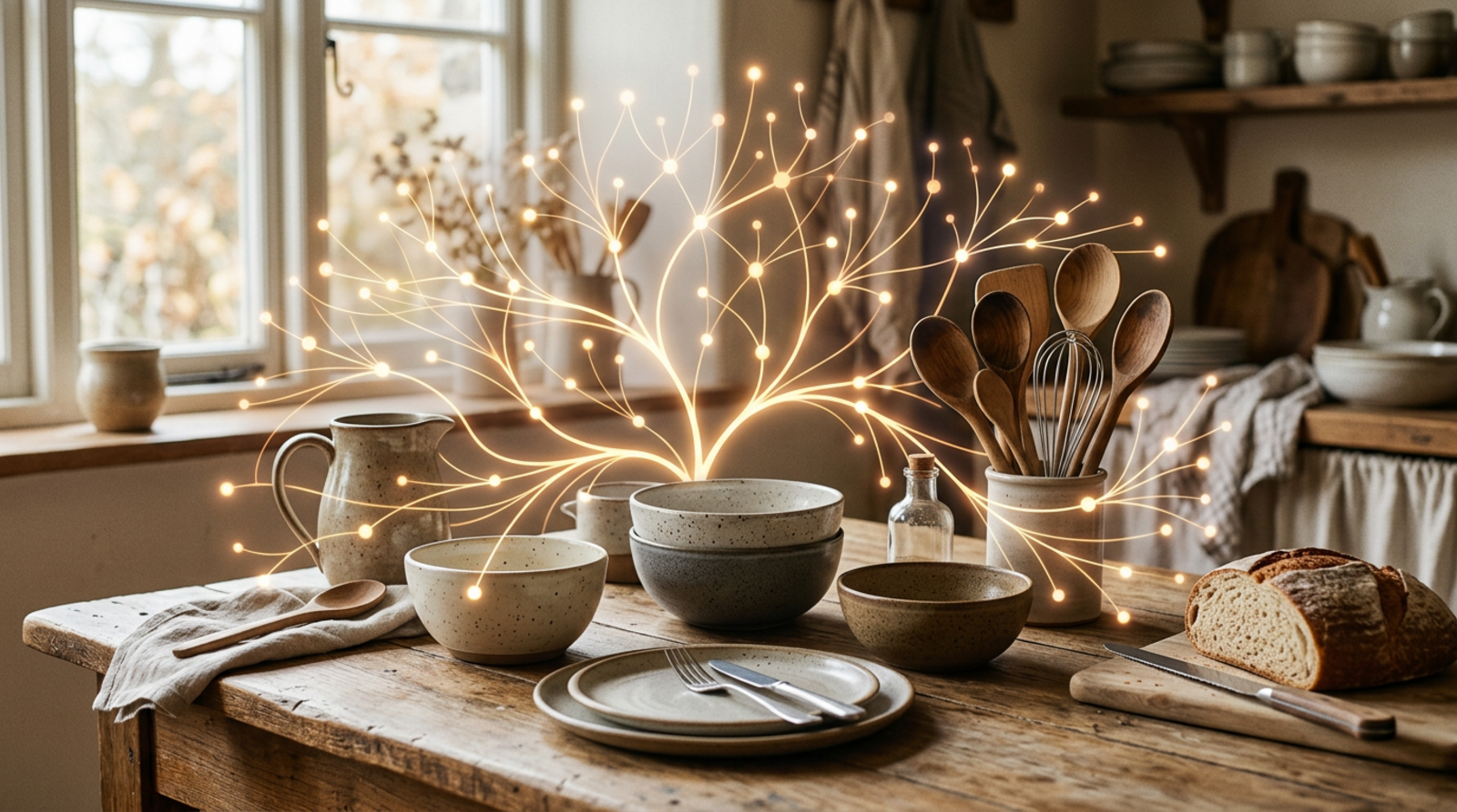 Stoneware and kitchen tools on a farmhouse table with a glowing network diagram