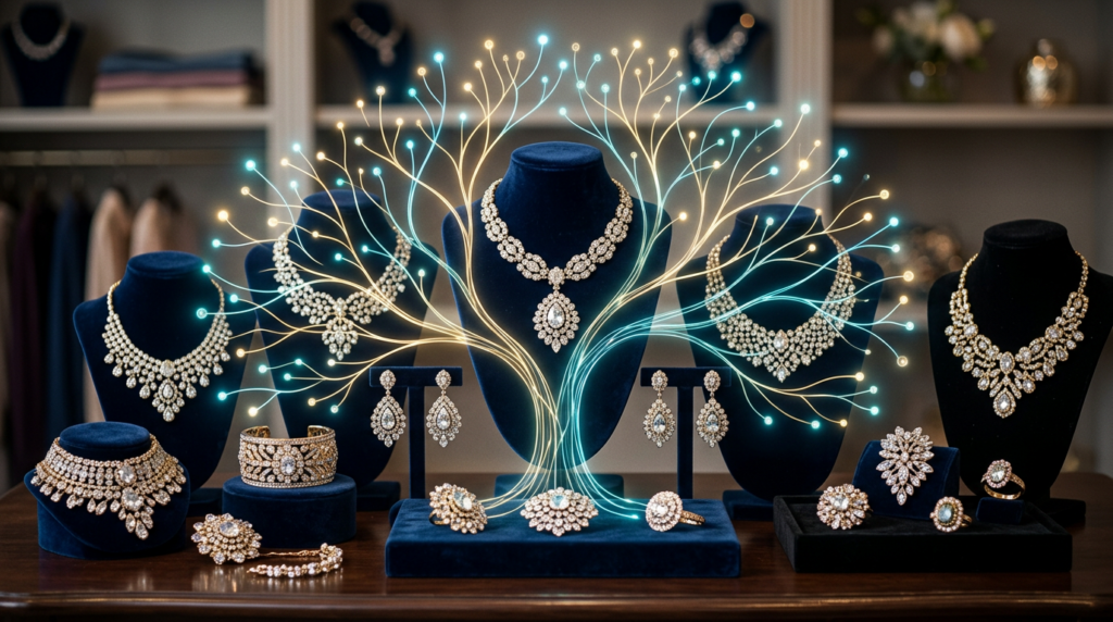 Costume jewelry with a network diagram