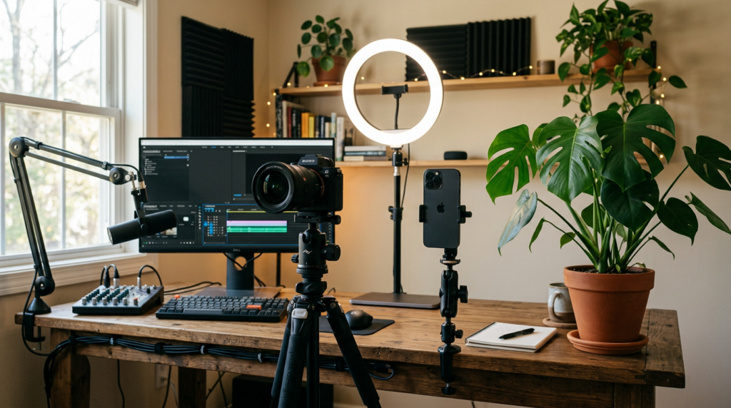 Content creator desk with camera, phone and plant