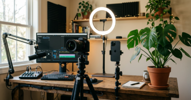 Content creator desk with camera, phone and plant