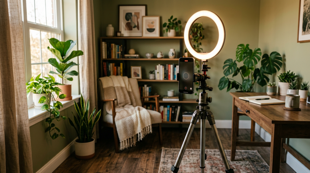 Phone on tripod with ring light in cozy room