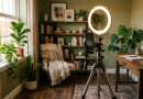 Phone on tripod with ring light in cozy room