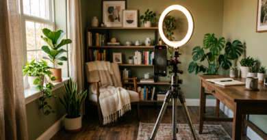 Phone on tripod with ring light in cozy room