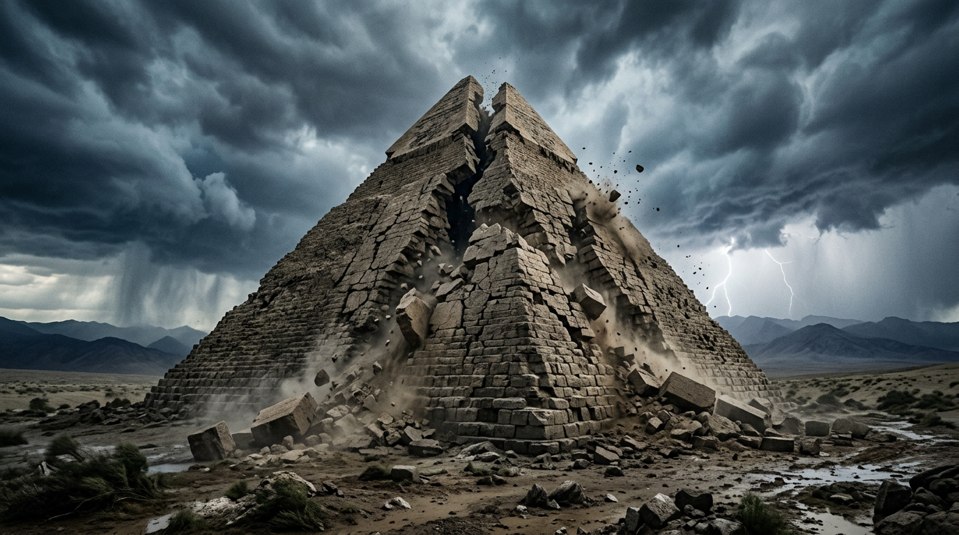 Stone pyramid cracking apart under a stormy sky