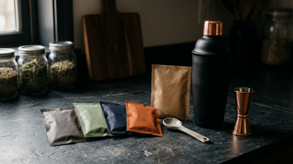 Drink mix packets and a shaker on a dark countertop