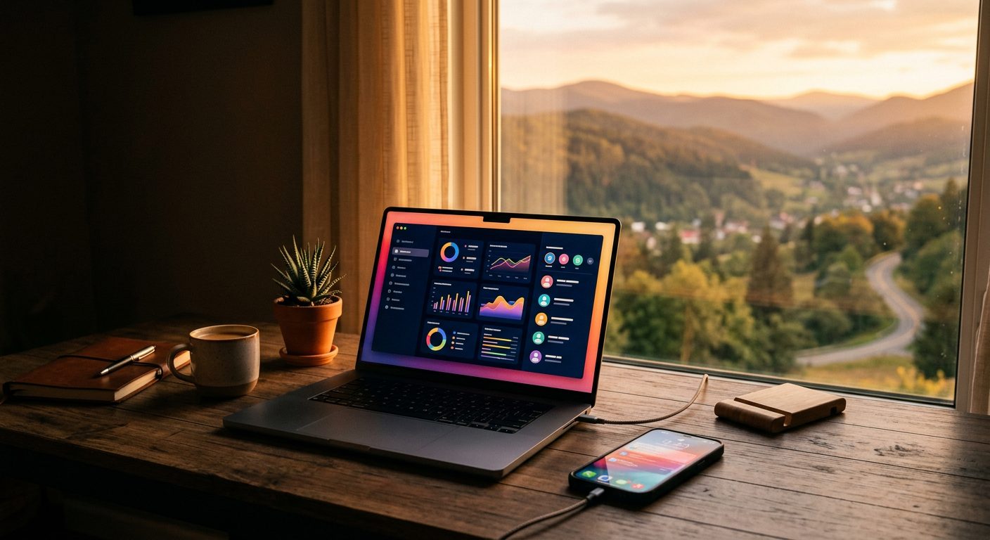 A laptop and a phone with lead notifications on a desk at golden hour