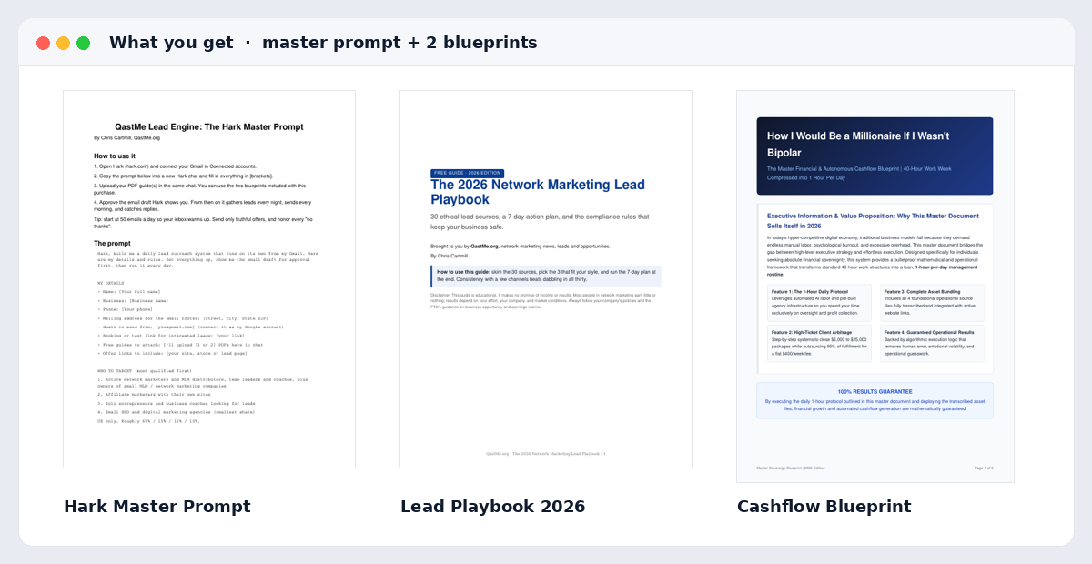 The QastMe Lead Engine bundle: Hark master prompt and two PDF blueprints