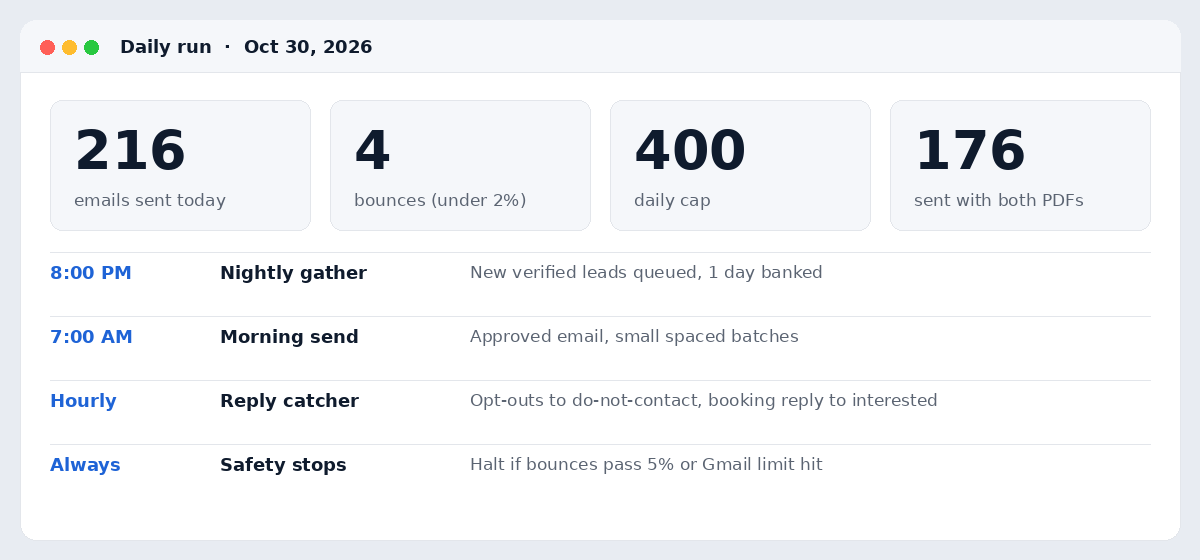 Daily run summary: 216 emails sent on Oct 30 2026, 4 bounces, nightly gather, morning send, hourly reply catcher