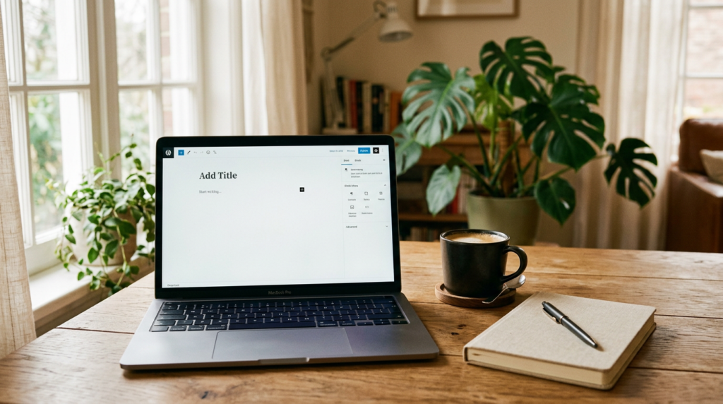 Laptop open to a blog editor on a home-office desk