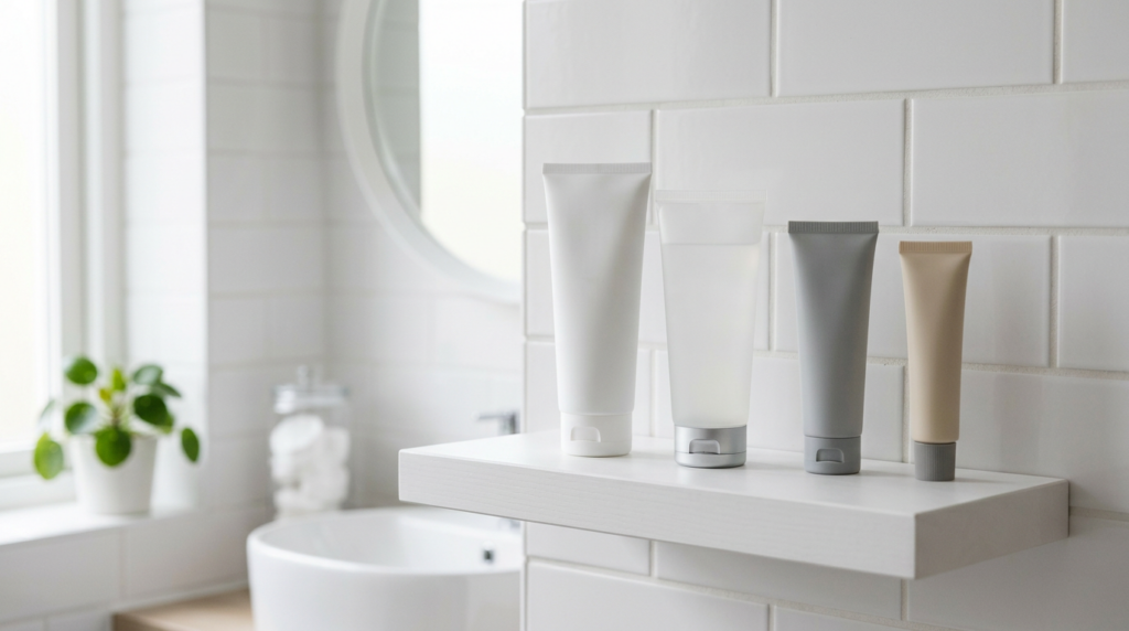 Skincare tubes on a clean shelf