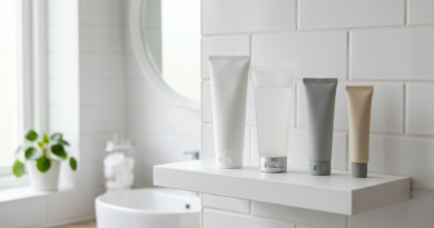 Skincare tubes on a clean shelf