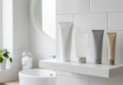 Skincare tubes on a clean shelf