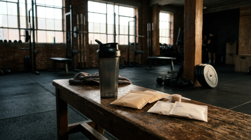 Nutrition sachets and shaker bottle on a gym bench