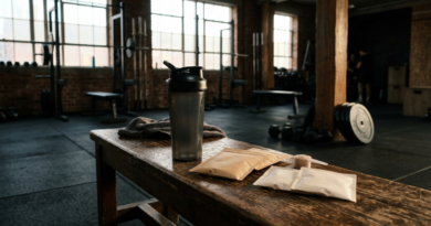 Nutrition sachets and shaker bottle on a gym bench