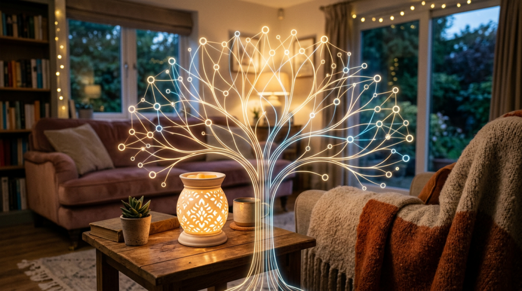 Decorative wax warmer glowing in a living room beside a network diagram