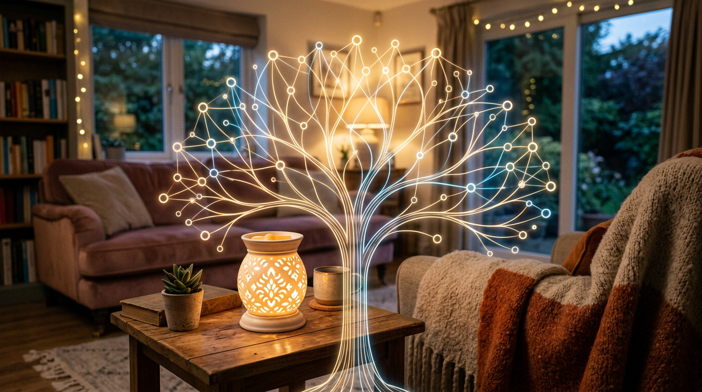 Decorative wax warmer glowing in a living room beside a network diagram