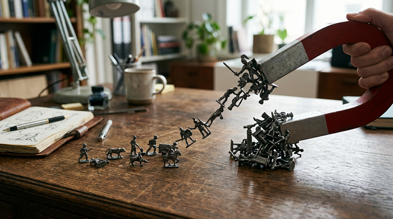 Magnet attracting small figurines across a desk