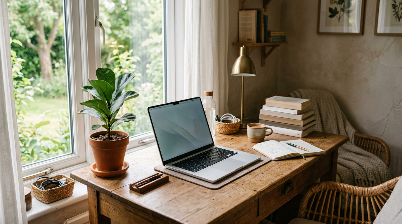 Cozy home office corner with laptop and plant