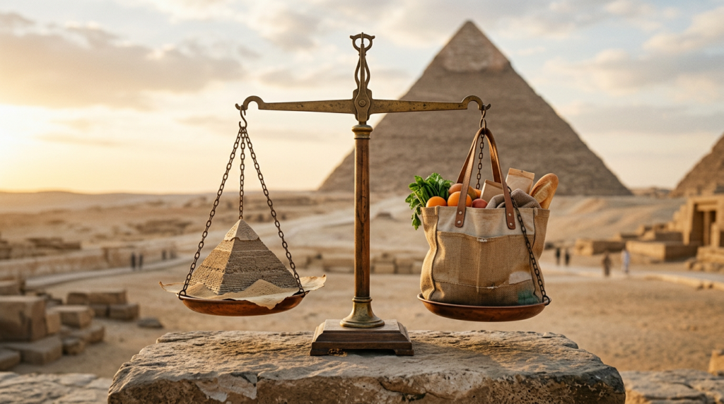 Balance scale weighing a pyramid against a shopping bag