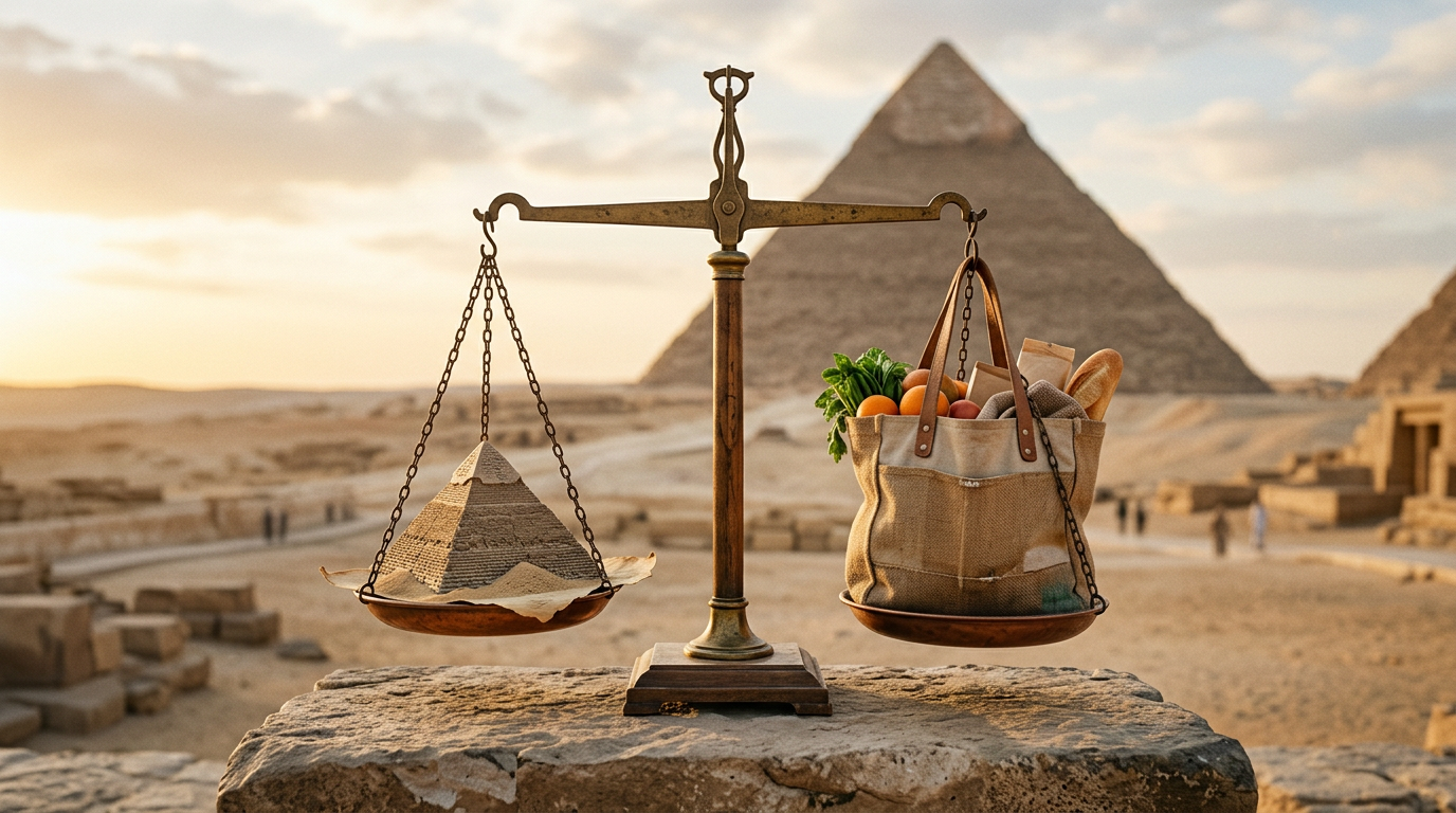 Balance scale weighing a pyramid against a shopping bag