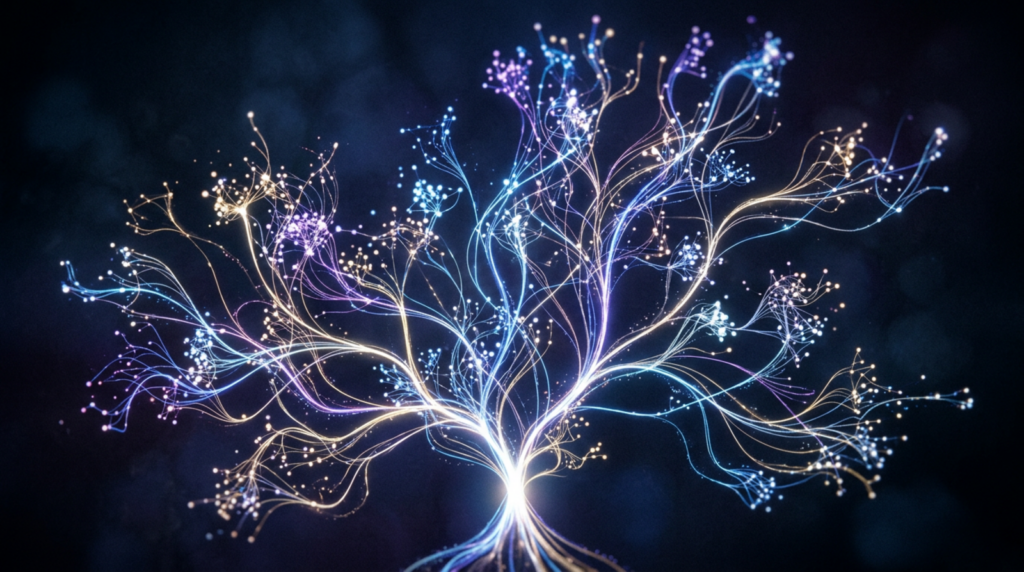 Abstract glowing network tree diagram on a dark background