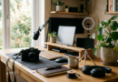 Content creator desk with camera and phone