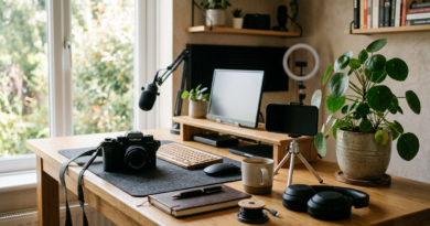 Content creator desk with camera and phone