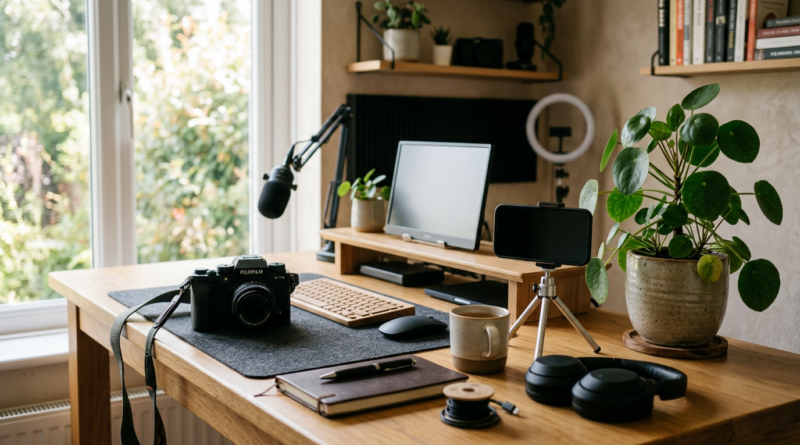 Content creator desk with camera and phone