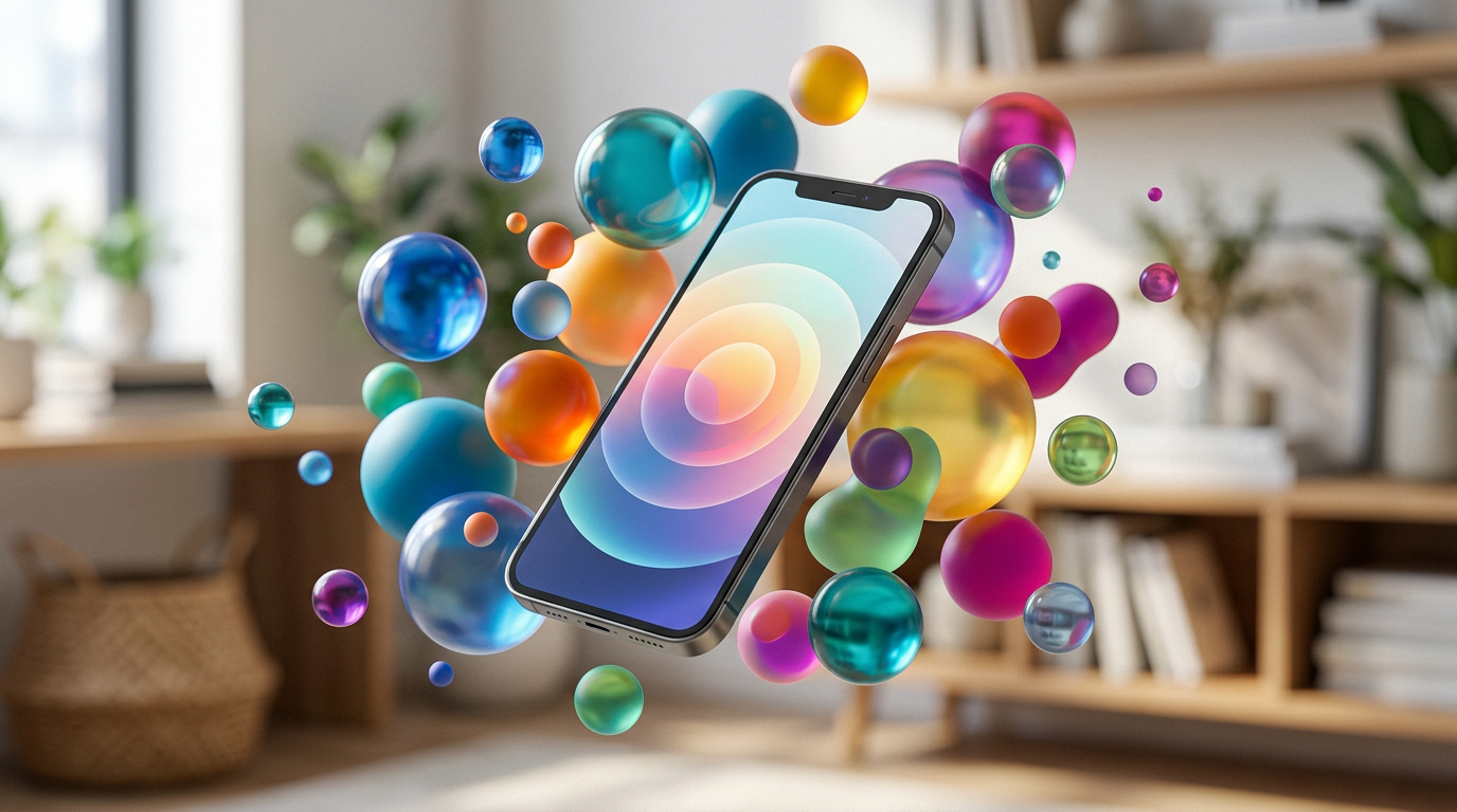 Colored bubbles floating around a smartphone