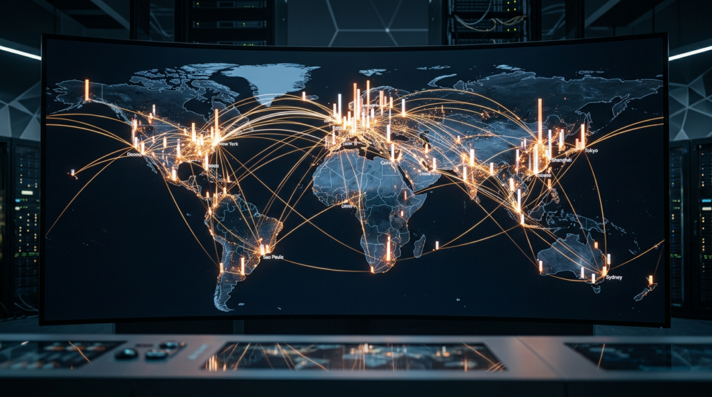 World map with glowing connection lines and rising bars