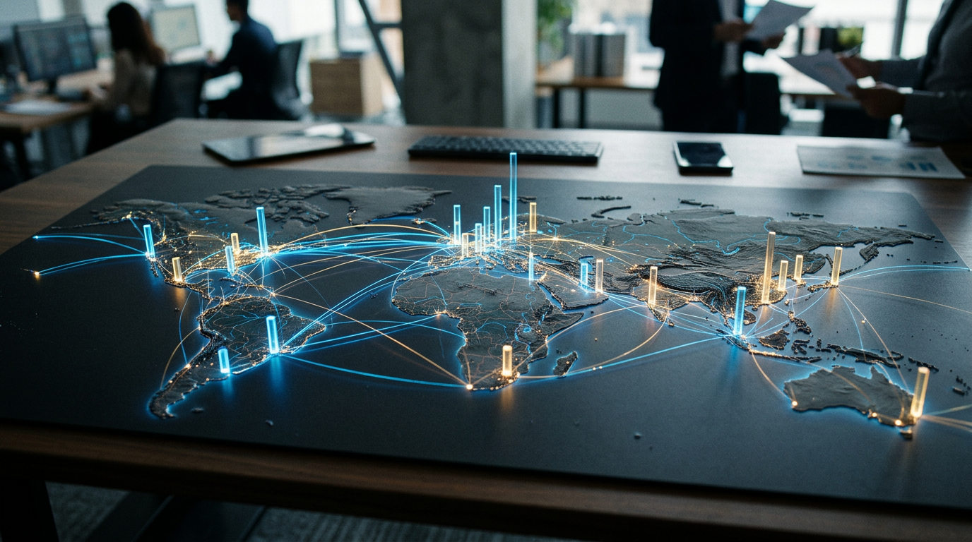 World map with glowing connection lines and rising bars