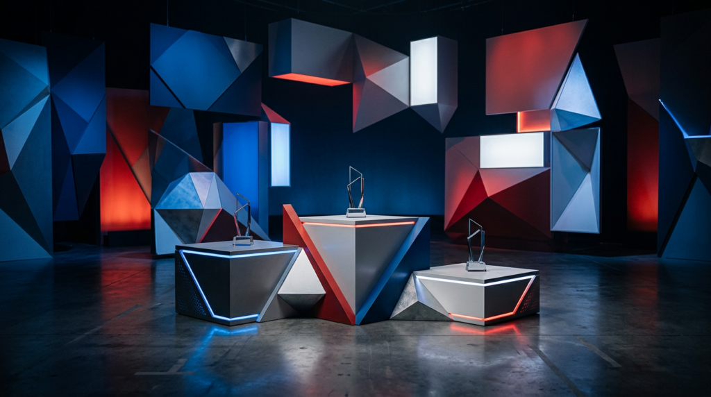 Podium with geometric shapes in studio light