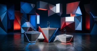 Podium with geometric shapes in studio light