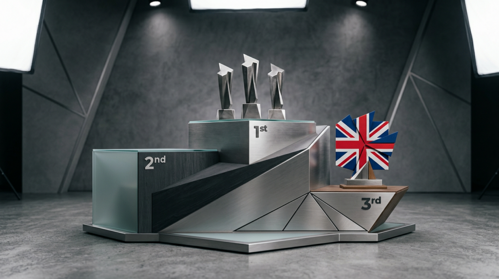 Podium with geometric shapes in blue and red accents